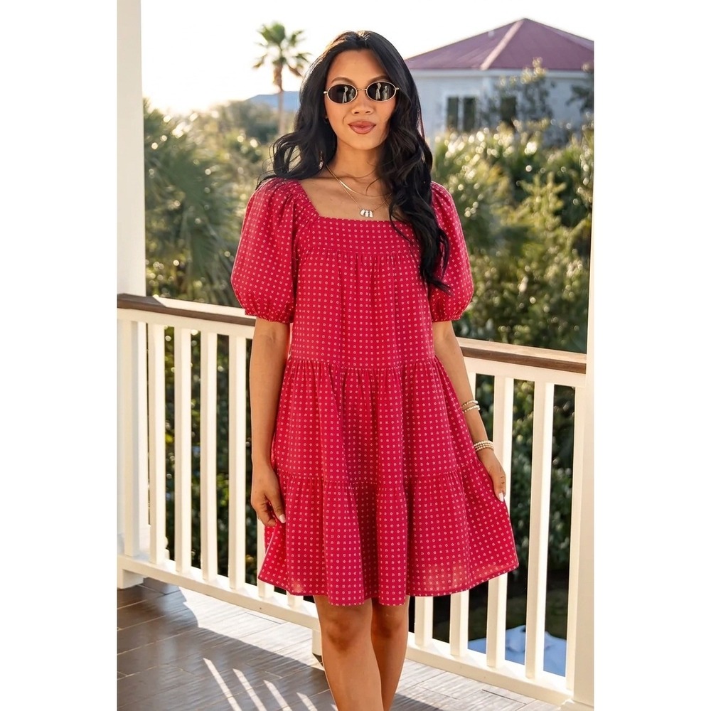 CB Positano Babydoll Pink Tiered Puff Sleeve Mini Dress Small Europe